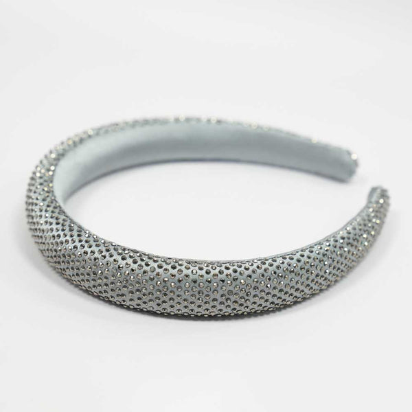 Silk Satin Puff Hair Band with Rhinestones - Grey
