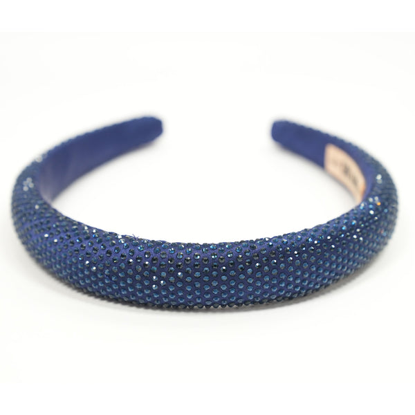 Silk Satin Puff Hair Band with Rhinestones - Royal Blue