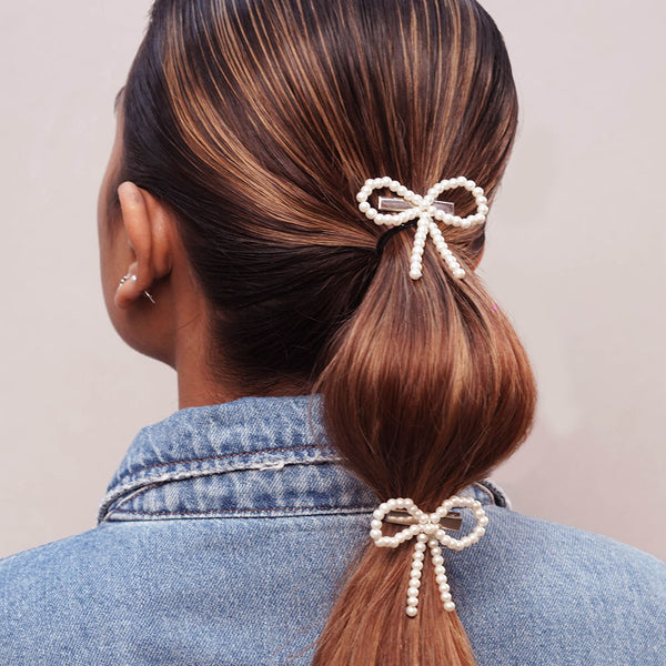 Off-White Embellished Pearl Hair Bow Alligator Clip - Set of 2