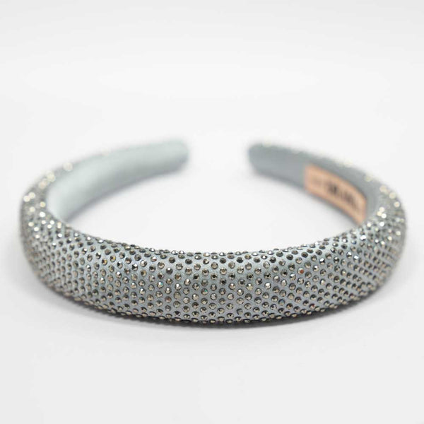 Silk Satin Puff Hair Band with Rhinestones - Grey