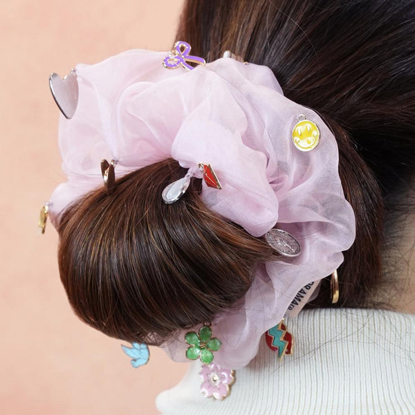 Oversized Organza Scrunchie with Charms - Pink