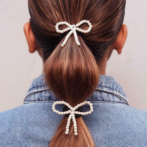 Set of 2 Pearl Bow Hair Tie - Off-White
