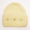 Ribbed Wool Beanie with Pearls & Heart Embellishments - Off-White