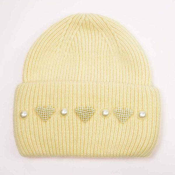 Ribbed Wool Beanie with Pearls & Heart Embellishments - Off-White