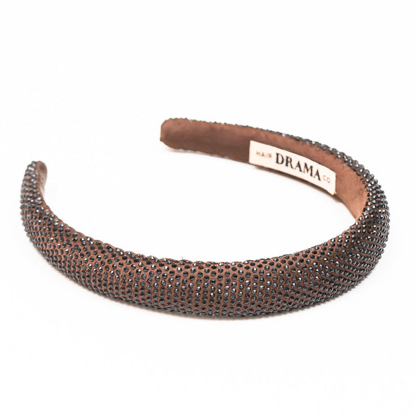 Silk Satin Puff Hair Band with Rhinestones - Dark Brown