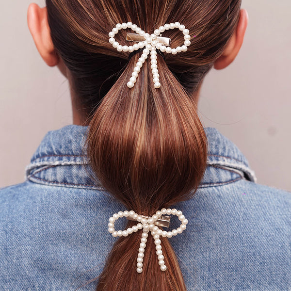 Off-White Embellished Pearl Hair Bow Alligator Clip - Set of 2