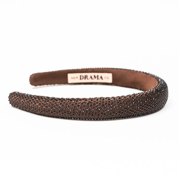 Silk Satin Puff Hair Band with Rhinestones - Dark Brown