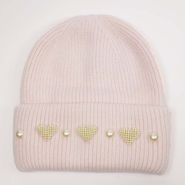 Ribbed Wool Beanie with Pearls & Heart Embellishments - Light Pink