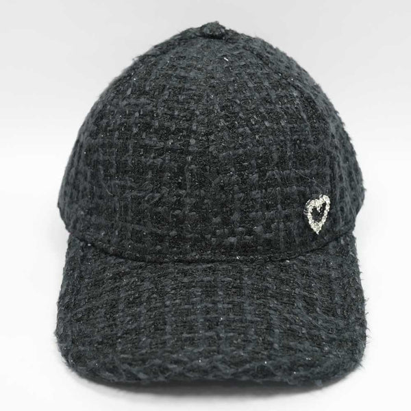 Tweed Baseball Cap with Heart Charm - Black