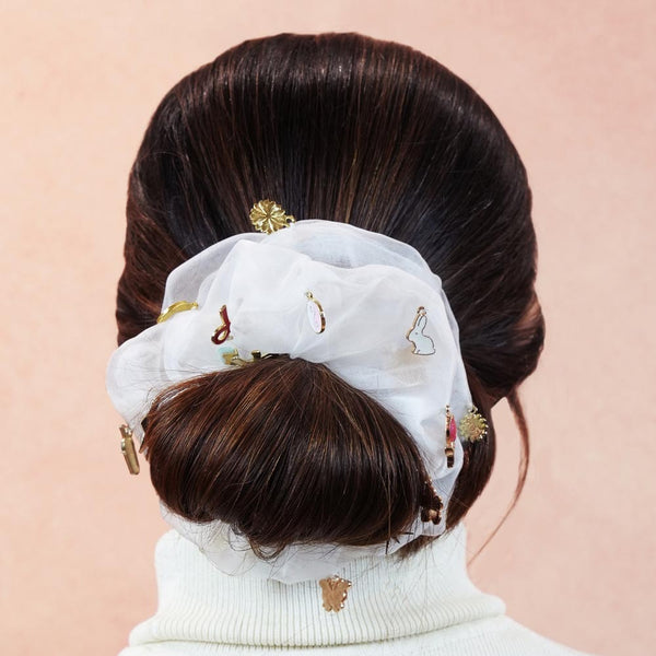 Oversized Organza Scrunchie with Charms - White