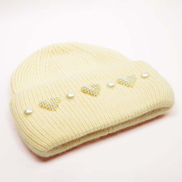 Ribbed Wool Beanie with Pearls & Heart Embellishments - Off-White