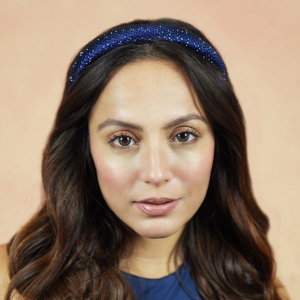 Silk Satin Puff Hair Band with Rhinestones - Royal Blue
