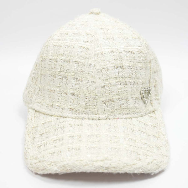 Tweed Baseball Cap with Heart Charm - White