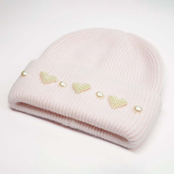 Ribbed Wool Beanie with Pearls & Heart Embellishments - Light Pink