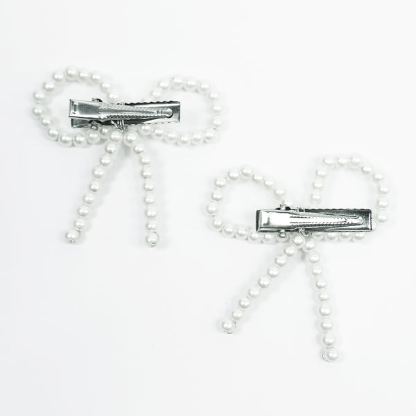 Off-White Embellished Pearl Hair Bow Alligator Clip - Set of 2
