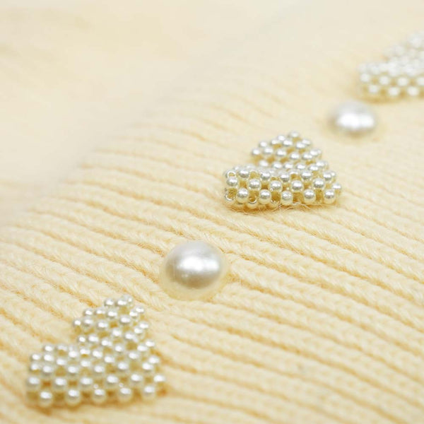 Ribbed Wool Beanie with Pearls & Heart Embellishments - Off-White