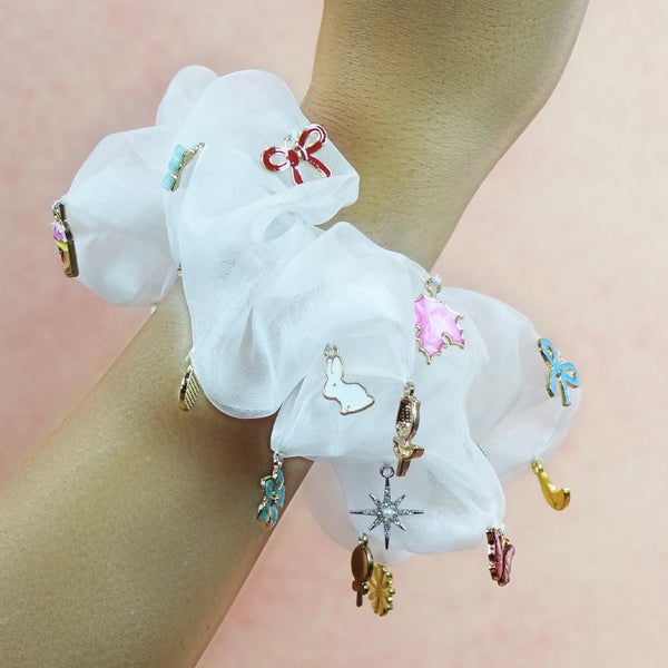 Oversized Organza Scrunchie with Charms - White