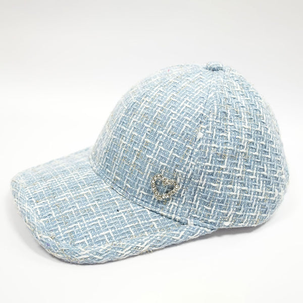 Tweed Baseball Cap with Heart Charm - Blue & White