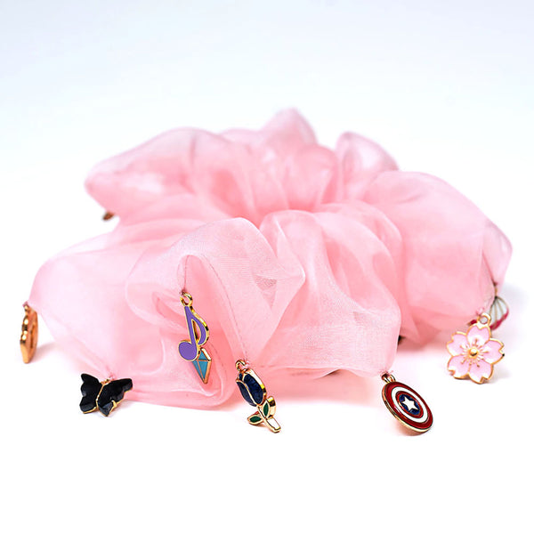 Oversized Organza Scrunchie with Charms - Pink