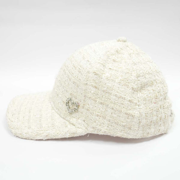 Tweed Baseball Cap with Heart Charm - White