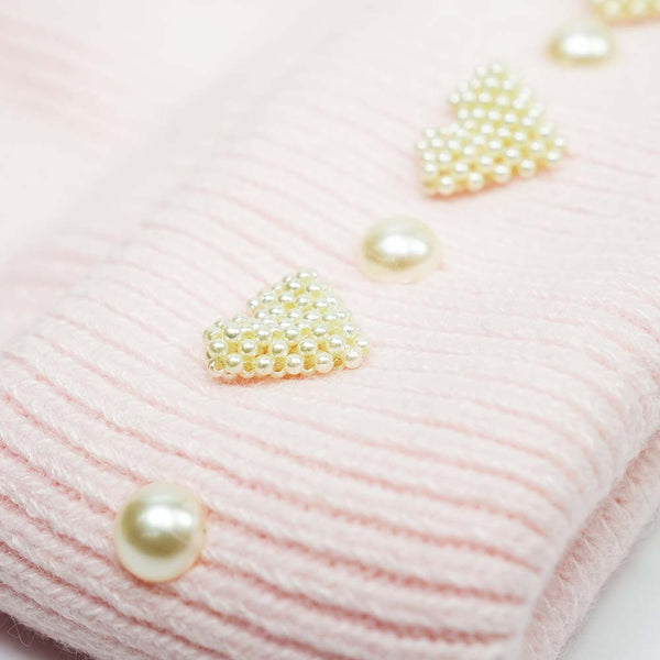 Ribbed Wool Beanie with Pearls & Heart Embellishments - Light Pink