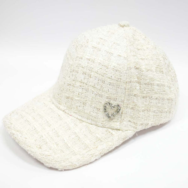 Tweed Baseball Cap with Heart Charm - White