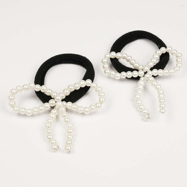 Set of 2 Pearl Bow Hair Tie - Off-White