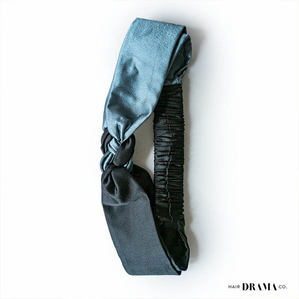 Silk Satin Braided Stretch Headband - Grey & Black