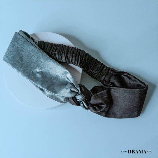 Silk Satin Braided Stretch Headband - Grey & Black