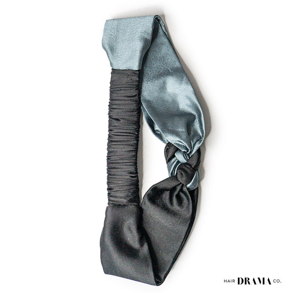 Silk Satin Braided Stretch Headband - Grey & Black