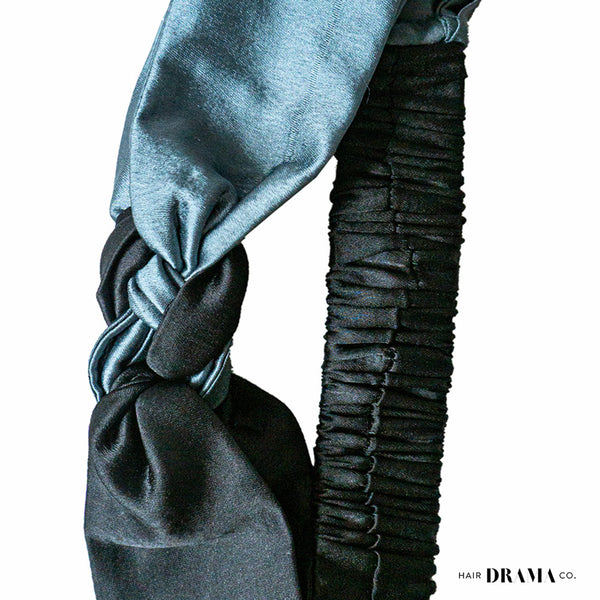 Silk Satin Braided Stretch Headband - Grey & Black