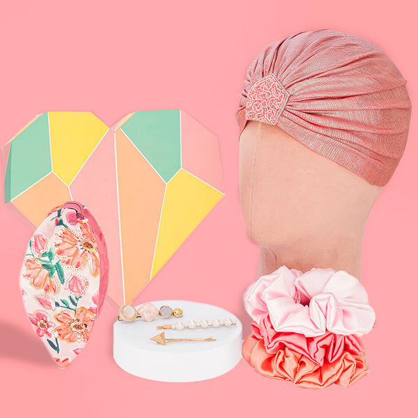 Glam Gift Box with 1 Knotted Hair Band, 1 Metallic Turban, 3 Scrunchies & 3 Hair Pins - Shades of Pink