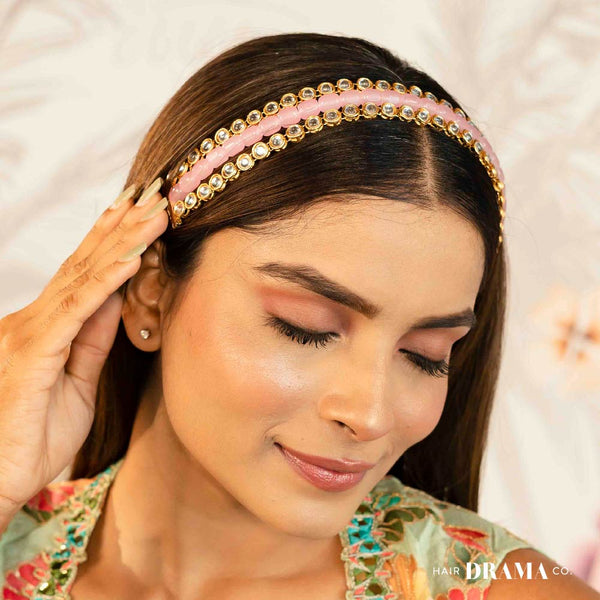 Gold Plated Hair Band with Light Pink Crystals and Transparent Stones