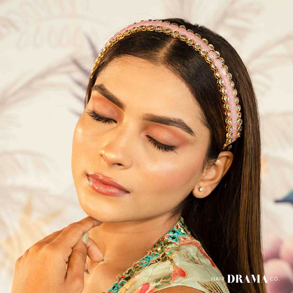 Gold Plated Hair Band with Light Pink Crystals and Transparent Stones