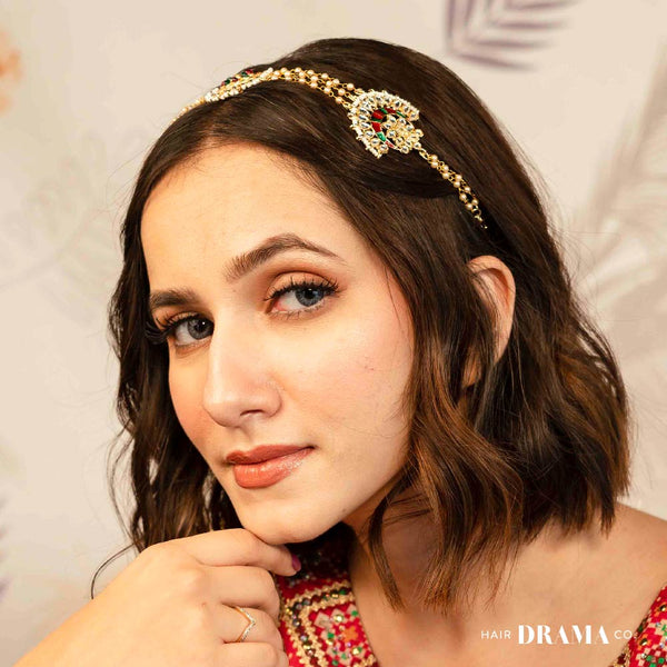 Gold Plated Hair Band with White and Gold Polki and Colorful Stones - Red & Green