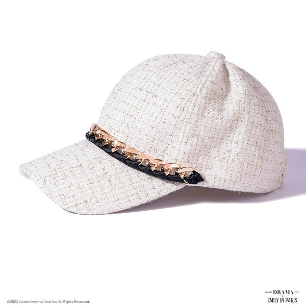HDC x Emily in Paris Off-White Tweed Baseball Cap with Gold Chain