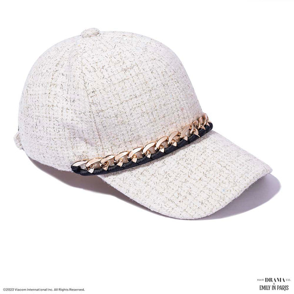 HDC x Emily in Paris Off-White Tweed Baseball Cap with Gold Chain