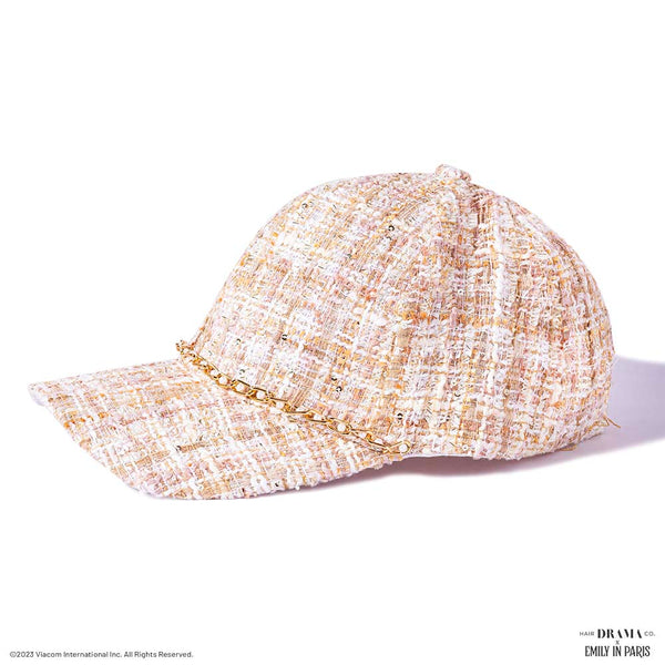 HDC x Emily in Paris Beige Tweed Baseball Cap with Pearl Chain