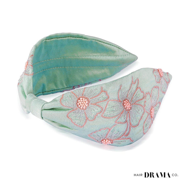 Flower Motif Knotted Headband - Mint Green