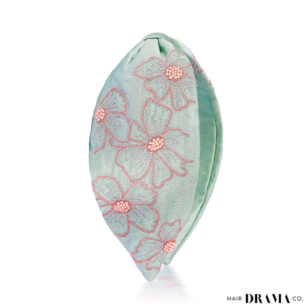 Flower Motif Knotted Headband - Mint Green
