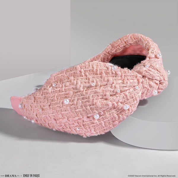 HDC X Emily In Paris Light Pink Tweed Knotted Hair Band With Pearls