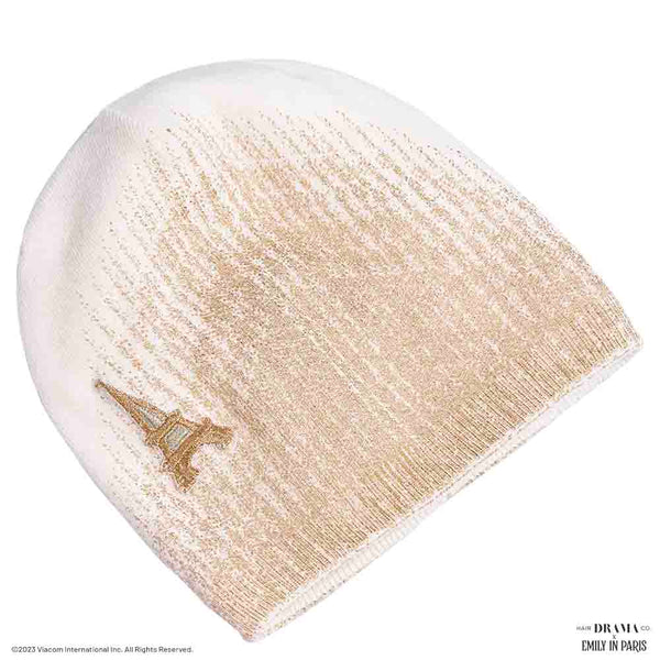 HDC x Emily in Paris Metallic White Real Wool Beanie with Original Fur Pom-pom & Eiffel Tower Applique