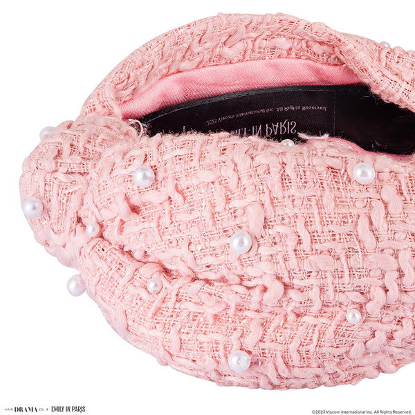 HDC X Emily In Paris Light Pink Tweed Knotted Hair Band With Pearls