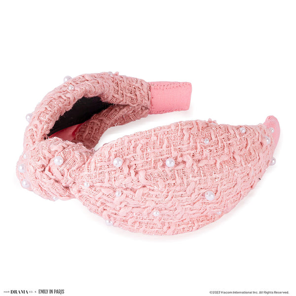 HDC X Emily In Paris Light Pink Tweed Knotted Hair Band With Pearls