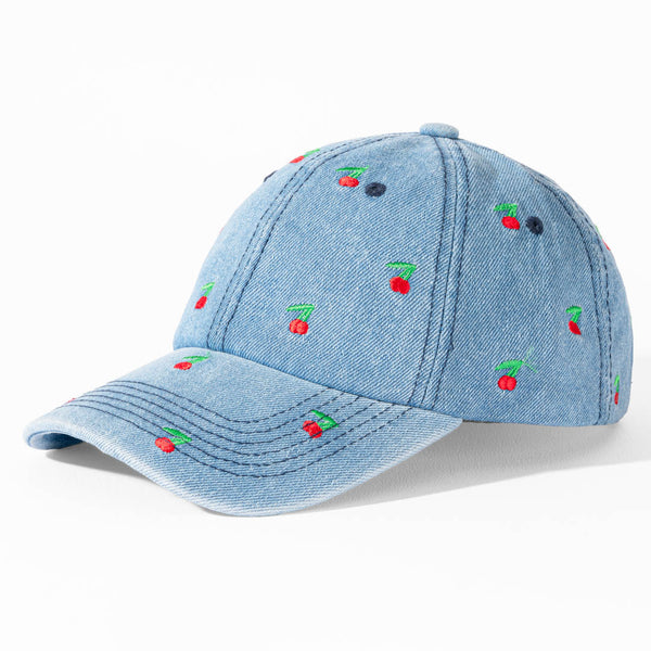 Cherry Embroidered Denim Baseball Cap