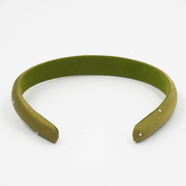 100% Mulberry Silk Puff Hair Band with Rhinestones - Jade Green