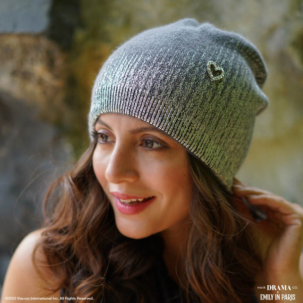 HDC x Emily in Paris Metallic Grey Real Wool Beanie with Original Fur Pom-pom & Heart Charm