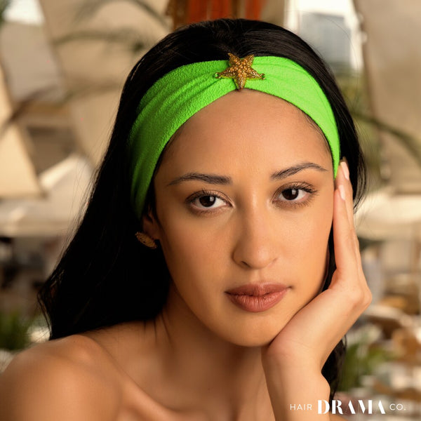 Neon Green Textured Hair Band with Starfish Metal Broach