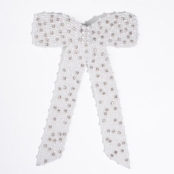 Embellished Pearl & Crystal Hair Bow Barrette Clip - White