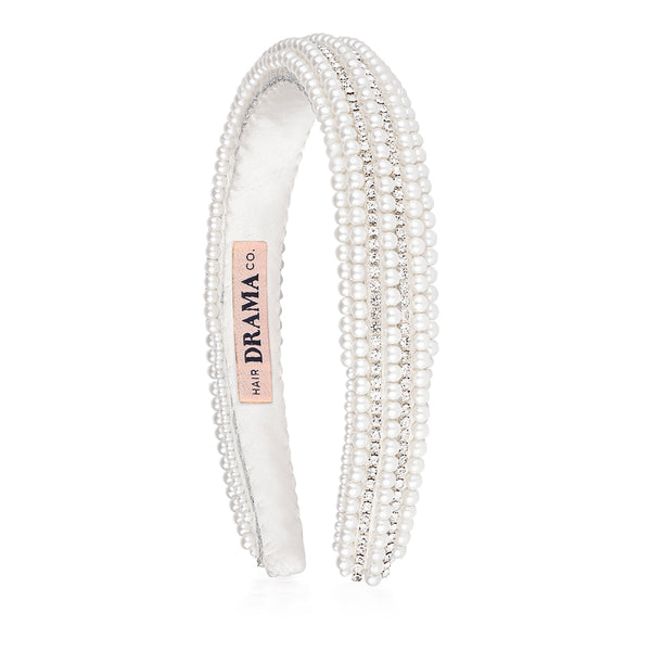 Pearls & Crystal Puff Hair Band - White
